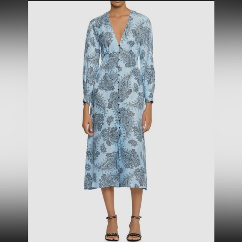 SANDRO Paris Elegant Long Sleeve Paisley Midi Dress in Blue